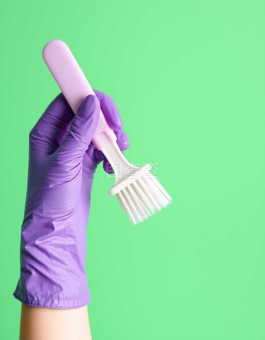 清洁的力量 紫色橡胶手套与绿色清洁刷的协作